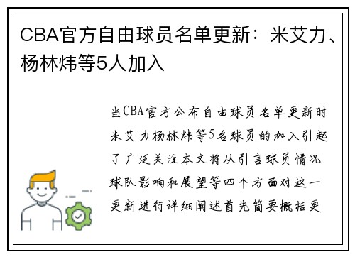 CBA官方自由球员名单更新：米艾力、杨林炜等5人加入